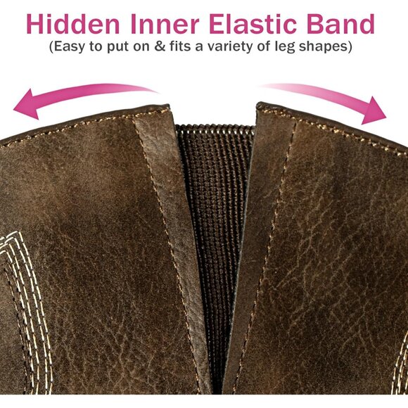 ⚡Women's Brown Extra Wide Calf Cowboy Boots Square Toe & Classic Stitching - Picture 6 of 7